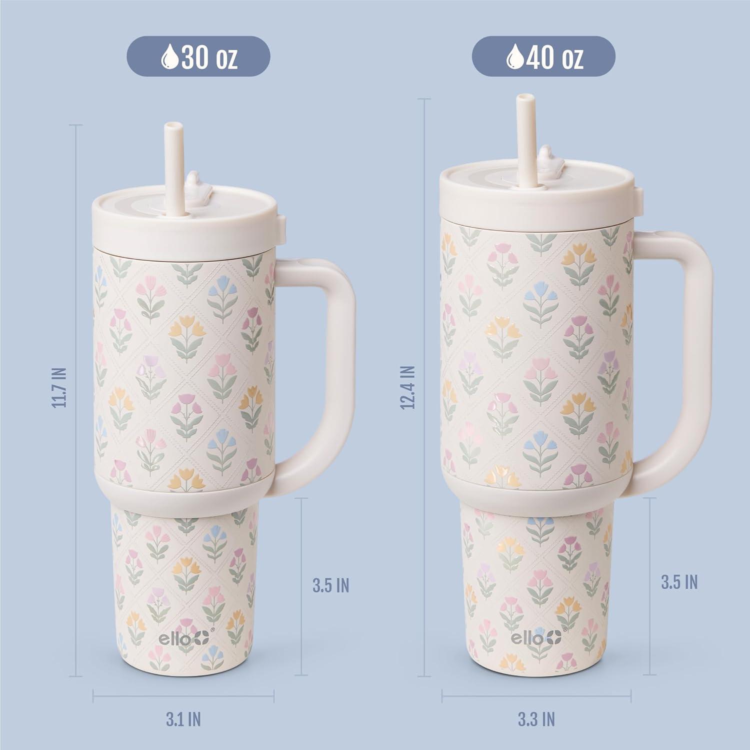 imageEllo Oasis 30 oz Tumbler with Handle ampamp Retracting Straw Reusable Insulated Stainless Steel Cup 100 Leakproof Gifts for Teens Women Men Keeps cold for 24 Hours Cup Holder Friendly Sunrise GlowFlower Quilt