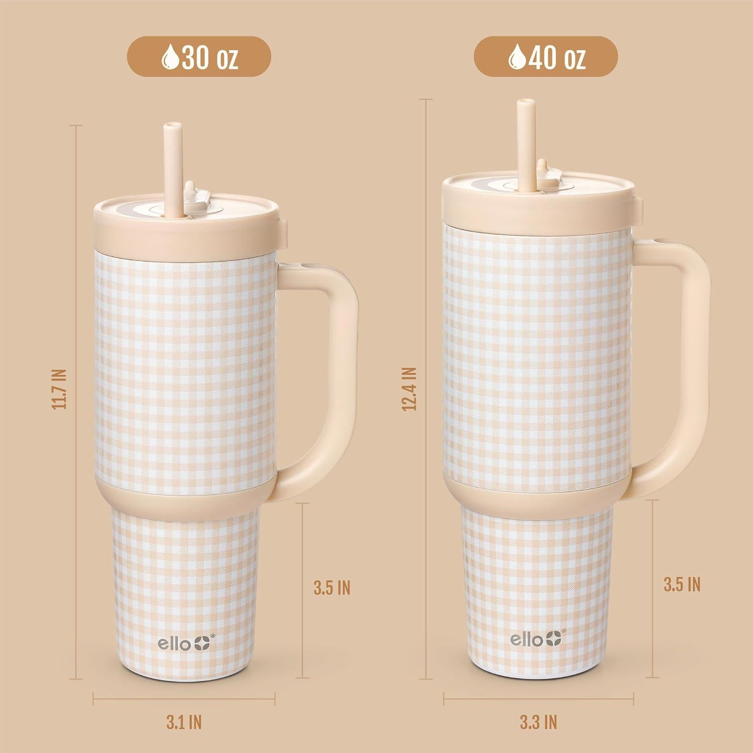 imageEllo Oasis 30 oz Tumbler with Handle ampamp Retracting Straw Reusable Insulated Stainless Steel Cup 100 Leakproof Gifts for Teens Women Men Keeps cold for 24 Hours Cup Holder Friendly Sunrise GlowBeige Gingham