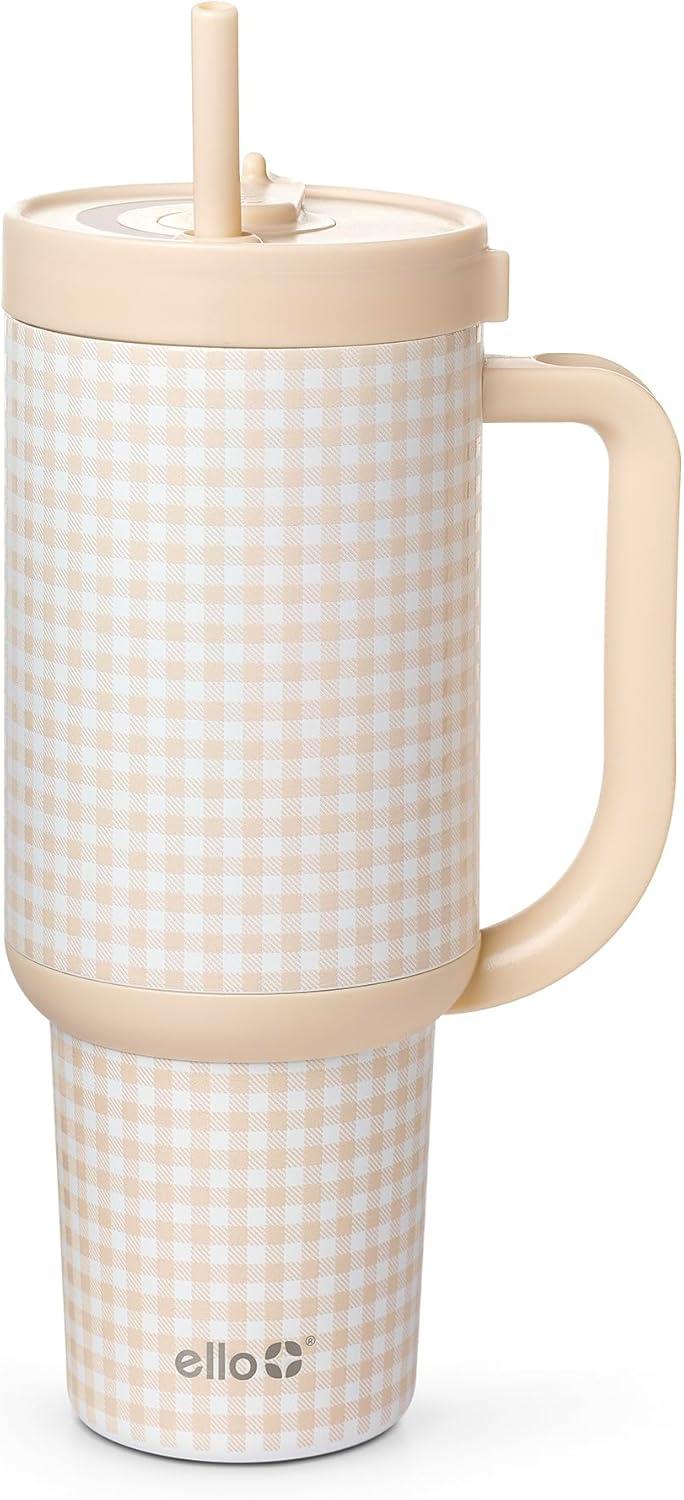 imageEllo Oasis 30 oz Tumbler with Handle ampamp Retracting Straw Reusable Insulated Stainless Steel Cup 100 Leakproof Gifts for Teens Women Men Keeps cold for 24 Hours Cup Holder Friendly Sunrise GlowBeige Gingham