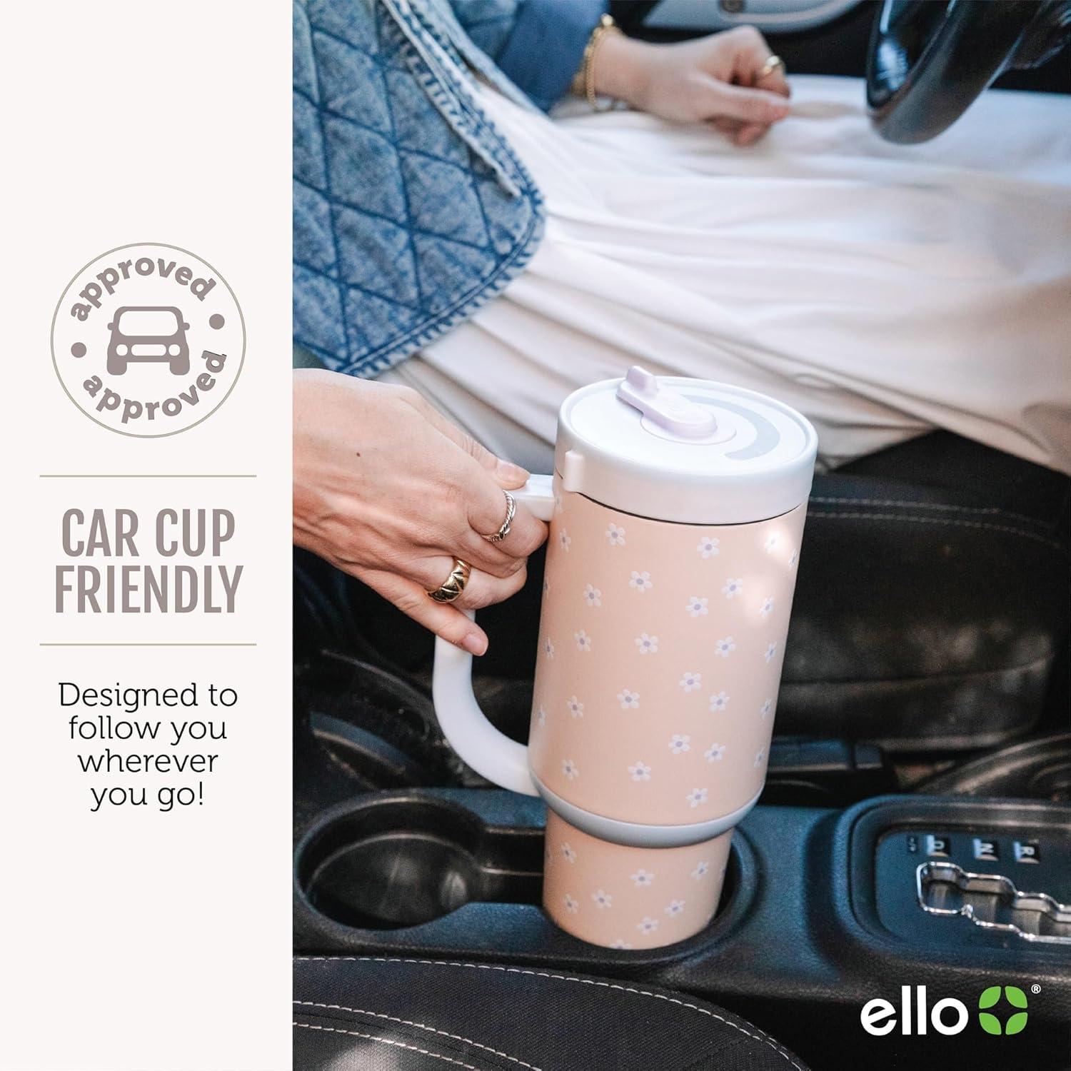 imageEllo Oasis 30 oz Tumbler with Handle ampamp Retracting Straw Reusable Insulated Stainless Steel Cup 100 Leakproof Gifts for Teens Women Men Keeps cold for 24 Hours Cup Holder Friendly Sunrise GlowFlower Quilt