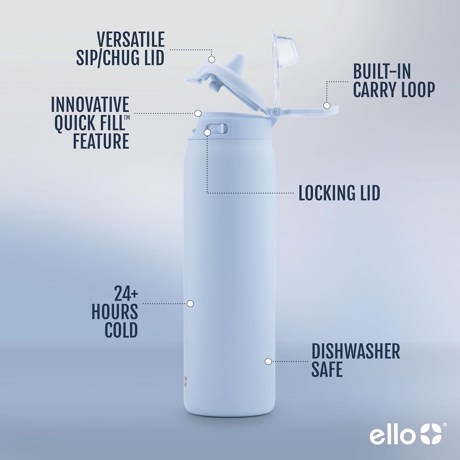 imageEllo Pop ampamp Fill Stainless Steel Water Bottle with Quick Fill Technology Double Walled Vacuum Insulated Metal Leak Proof Locking Lid Sip ampamp Chug BPA Free Holiday Gift for Him Her 22oz 32oz 40ozHalogen Blue