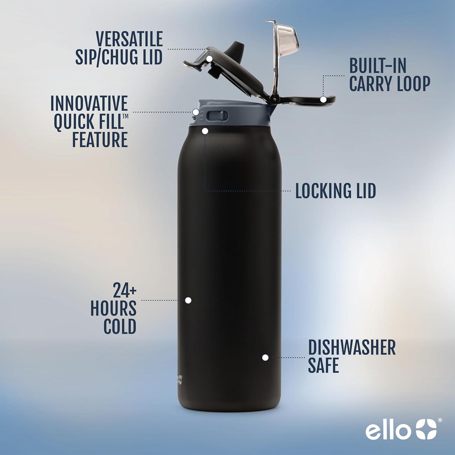 imageEllo Pop ampamp Fill Stainless Steel Water Bottle with Quick Fill Technology Double Walled Vacuum Insulated Metal Leak Proof Locking Lid Sip ampamp Chug BPA Free Holiday Gift for Him Her 22oz 32oz 40ozTonal Black