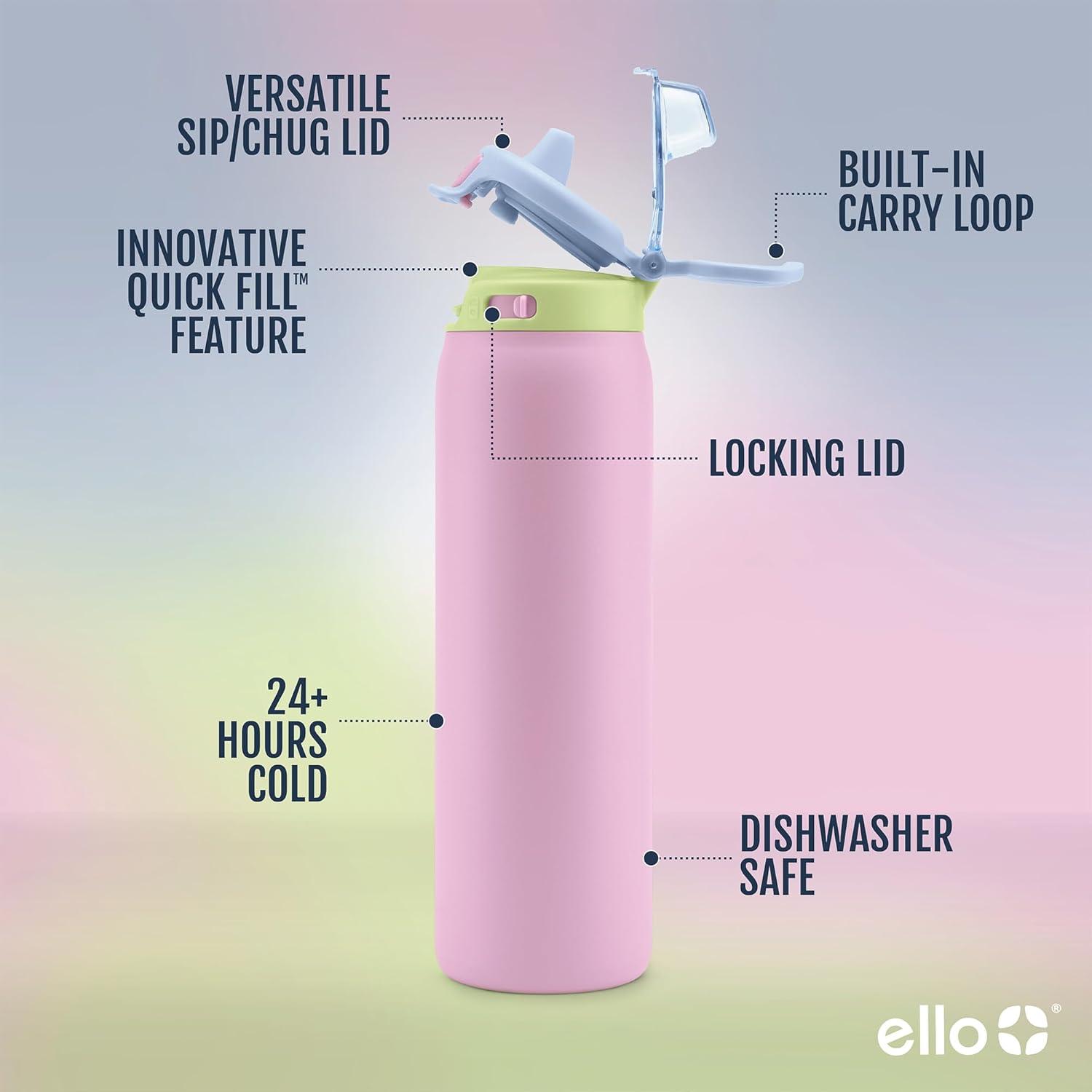 imageEllo Pop ampamp Fill Stainless Steel Water Bottle with Quick Fill Technology Double Walled Vacuum Insulated Metal Leak Proof Locking Lid Sip ampamp Chug BPA Free Holiday Gift for Him Her 22oz 32oz 40ozRosy Skyline