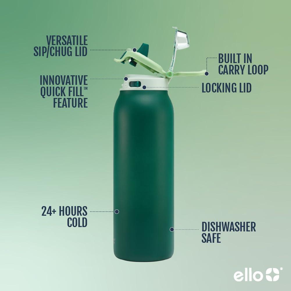 imageEllo Pop ampamp Fill Stainless Steel Water Bottle with Quick Fill Technology Double Walled Vacuum Insulated Metal Leak Proof Locking Lid Sip ampamp Chug BPA Free Holiday Gift for Him Her 22oz 32oz 40ozForest Mist