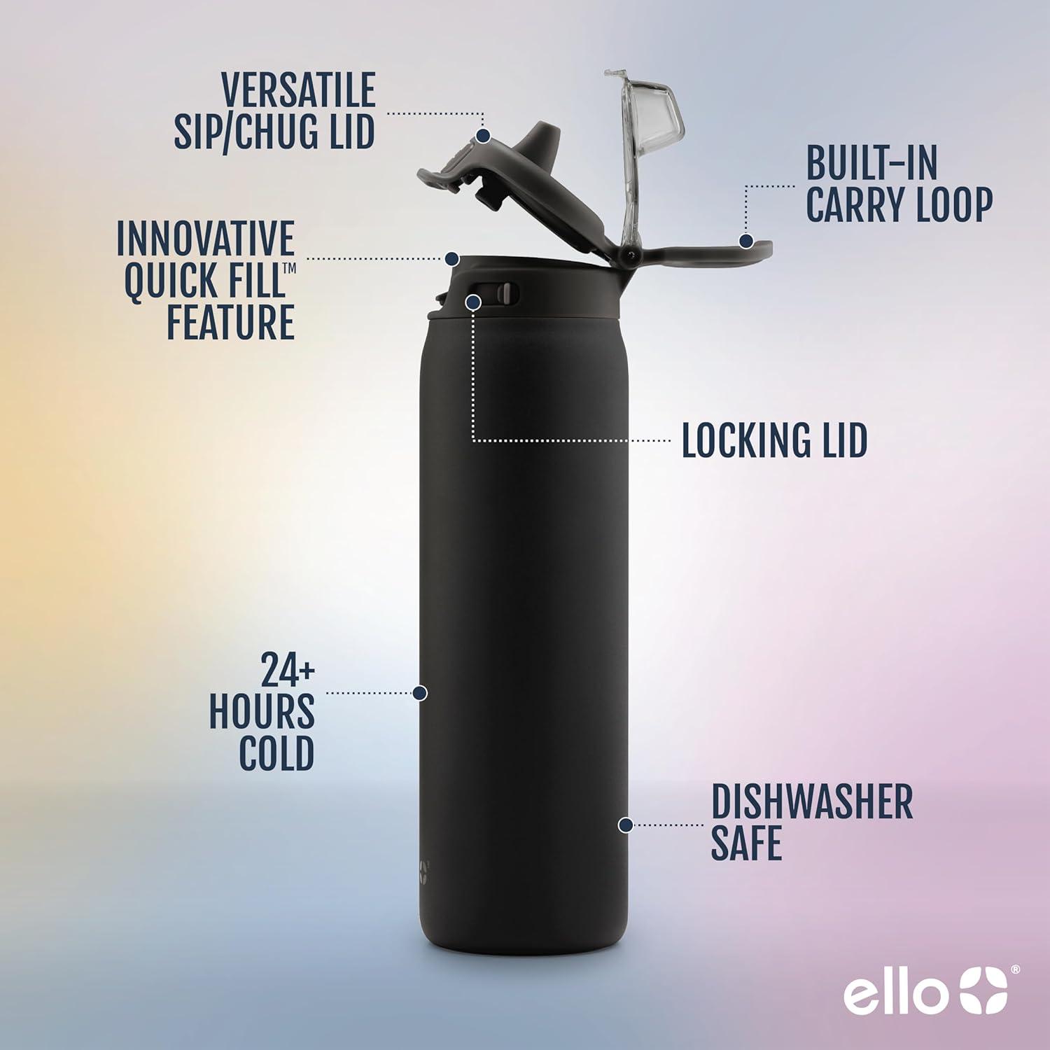 imageEllo Pop ampamp Fill Stainless Steel Water Bottle with Quick Fill Technology Double Walled Vacuum Insulated Metal Leak Proof Locking Lid Sip ampamp Chug BPA Free Holiday Gift for Him Her 22oz 32oz 40ozBlack
