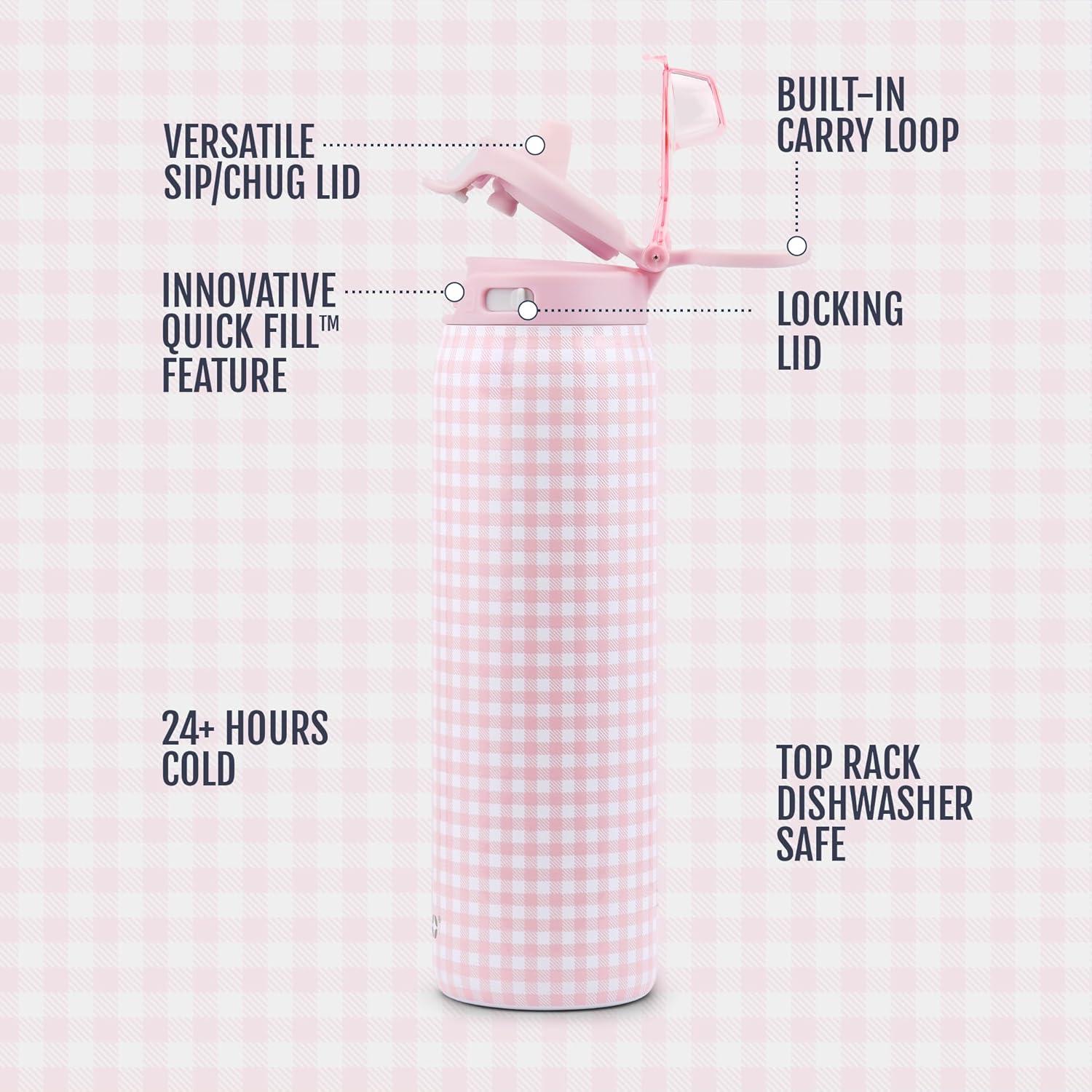 imageEllo Pop ampamp Fill Stainless Steel Water Bottle with Quick Fill Technology Double Walled Vacuum Insulated Metal Leak Proof Locking Lid Sip ampamp Chug BPA Free Holiday Gift for Him Her 22oz 32oz 40ozPink Gingham