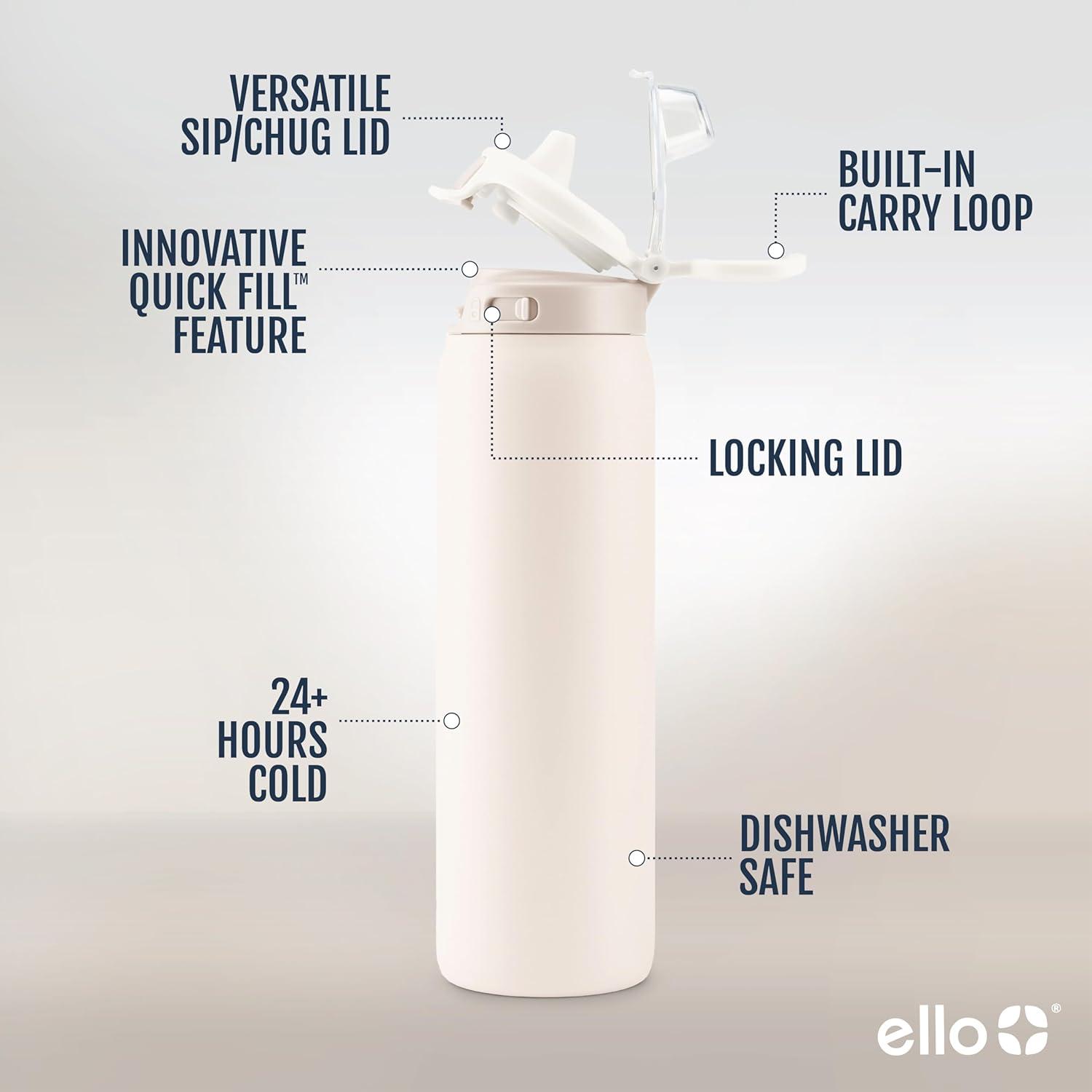 imageEllo Pop ampamp Fill Stainless Steel Water Bottle with Quick Fill Technology Double Walled Vacuum Insulated Metal Leak Proof Locking Lid Sip ampamp Chug BPA Free Holiday Gift for Him Her 22oz 32oz 40ozCream