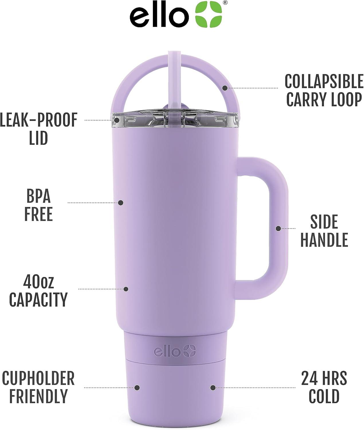 imageEllo Port 40oz Tumbler with Carry Loop ampamp Integrated Handle Vacuum Insulated Stainless Steel Reusable Water Bottle Travel Mug with Leak Proof Lid ampamp Straw Perfect for Iced Coffee ampamp Tea SageLilac