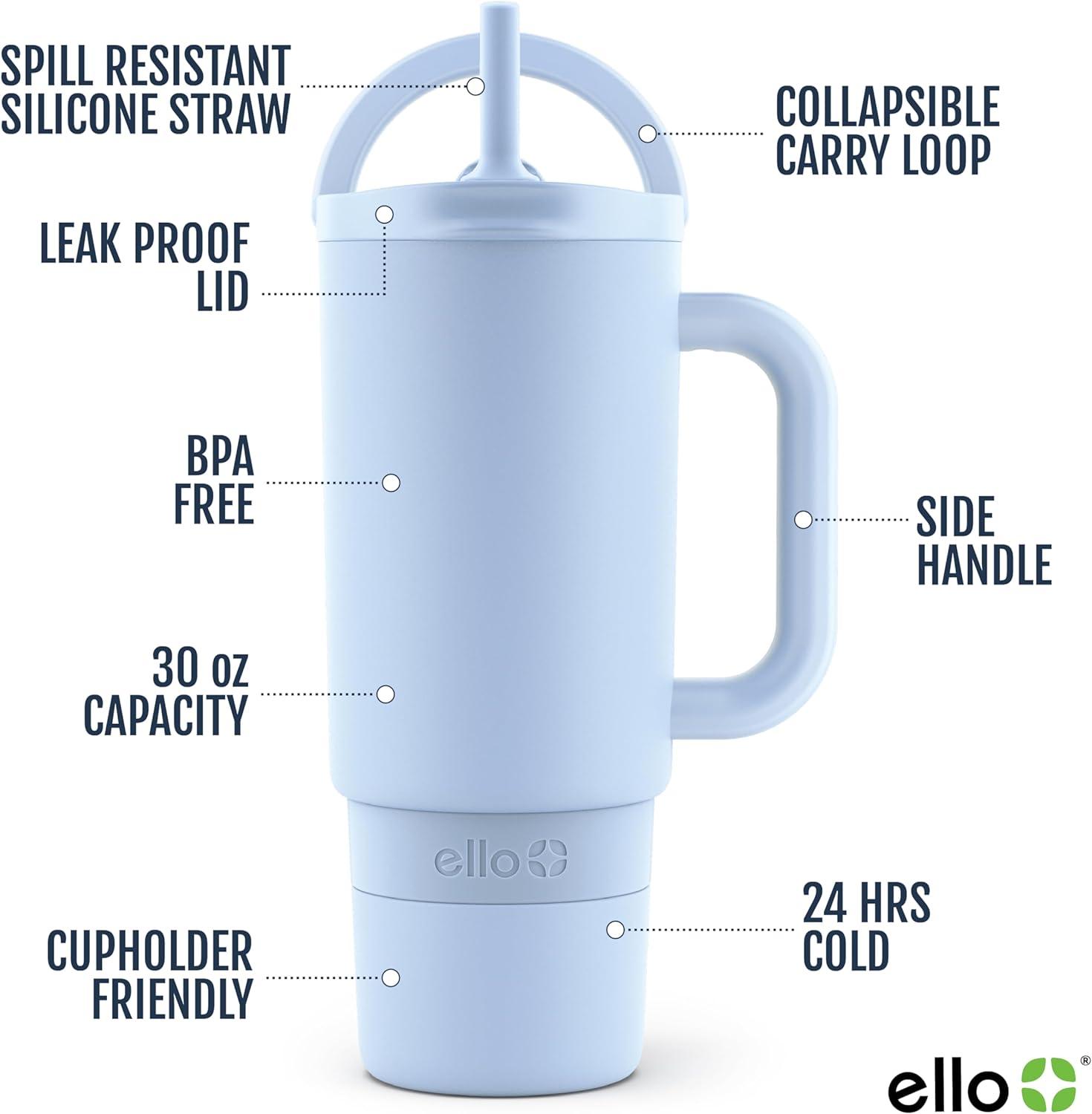 imageEllo Port 40oz Tumbler with Carry Loop ampamp Integrated Handle Vacuum Insulated Stainless Steel Reusable Water Bottle Travel Mug with Leak Proof Lid ampamp Straw Perfect for Iced Coffee ampamp Tea SageHalogen Blue
