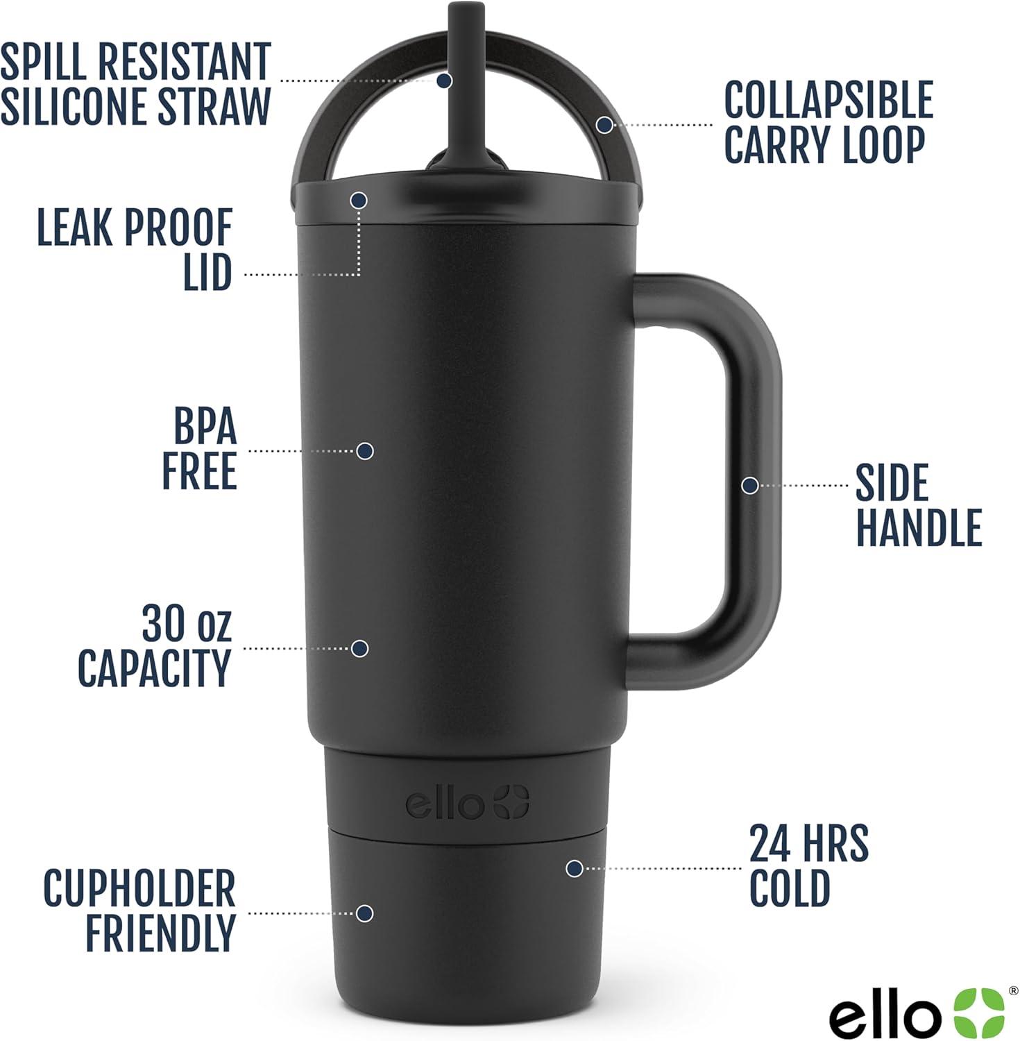 imageEllo Port 40oz Tumbler with Carry Loop ampamp Integrated Handle Vacuum Insulated Stainless Steel Reusable Water Bottle Travel Mug with Leak Proof Lid ampamp Straw Perfect for Iced Coffee ampamp Tea SageBlack