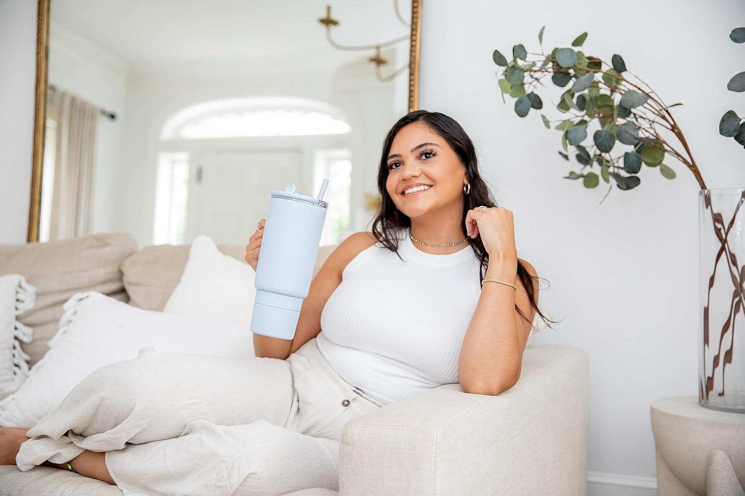 imageEllo Port 40oz Tumbler with Carry Loop ampamp Integrated Handle Vacuum Insulated Stainless Steel Reusable Water Bottle Travel Mug with Leak Proof Lid ampamp Straw Perfect for Iced Coffee ampamp Tea SageHalogen Blue