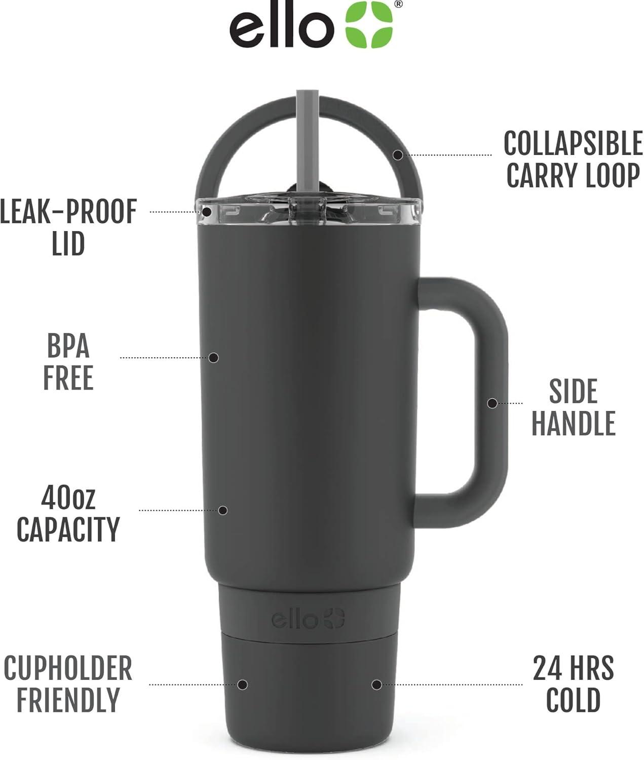 imageEllo Port 40oz Tumbler with Carry Loop ampamp Integrated Handle Vacuum Insulated Stainless Steel Reusable Water Bottle Travel Mug with Leak Proof Lid ampamp Straw Perfect for Iced Coffee ampamp Tea SageBlack