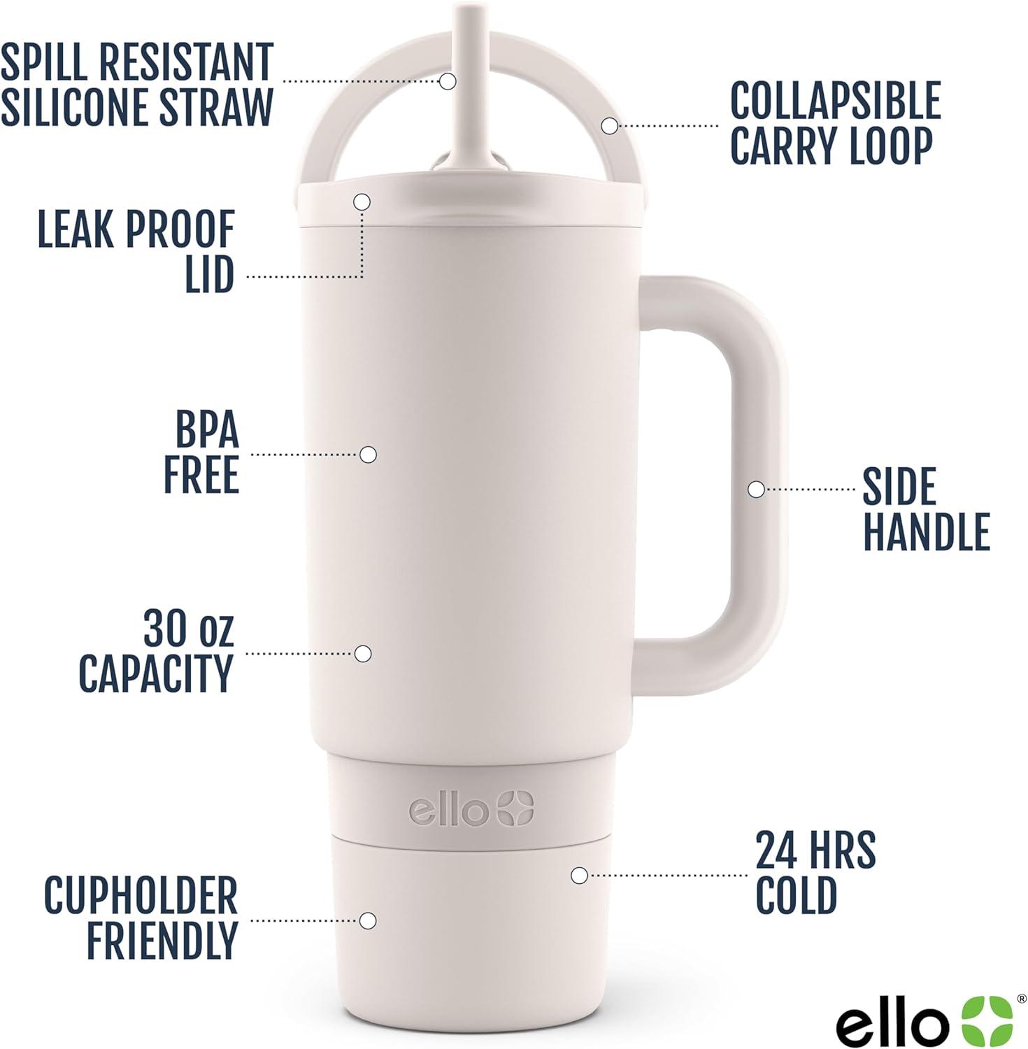 imageEllo Port 40oz Tumbler with Carry Loop ampamp Integrated Handle Vacuum Insulated Stainless Steel Reusable Water Bottle Travel Mug with Leak Proof Lid ampamp Straw Perfect for Iced Coffee ampamp Tea SageCream