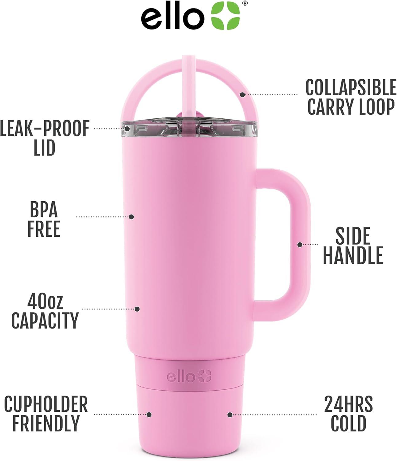 imageEllo Port 40oz Tumbler with Carry Loop ampamp Integrated Handle Vacuum Insulated Stainless Steel Reusable Water Bottle Travel Mug with Leak Proof Lid ampamp Straw Perfect for Iced Coffee ampamp Tea SageBubblegum