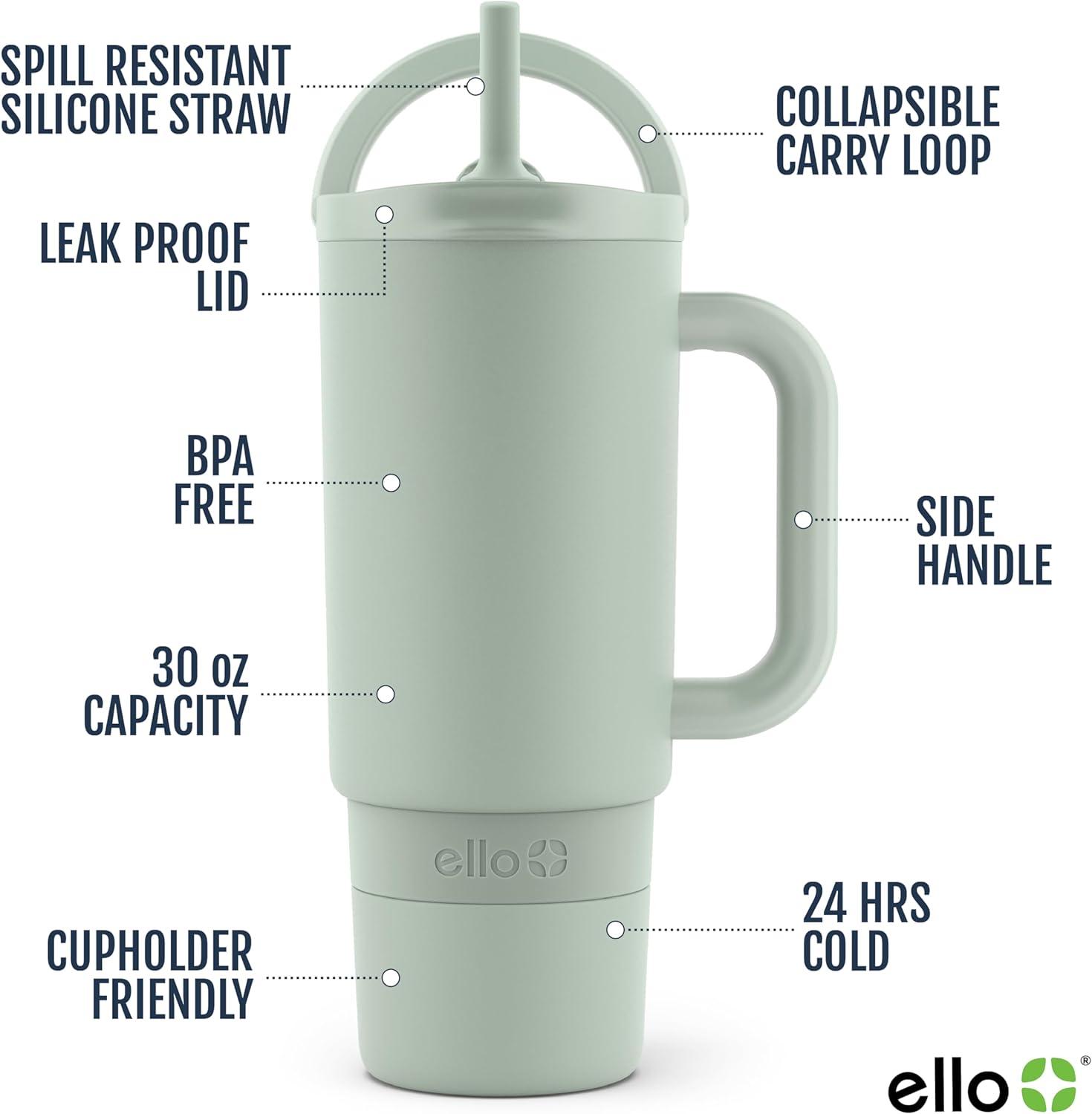 imageEllo Port 40oz Tumbler with Carry Loop ampamp Integrated Handle Vacuum Insulated Stainless Steel Reusable Water Bottle Travel Mug with Leak Proof Lid ampamp Straw Perfect for Iced Coffee ampamp Tea SageSage