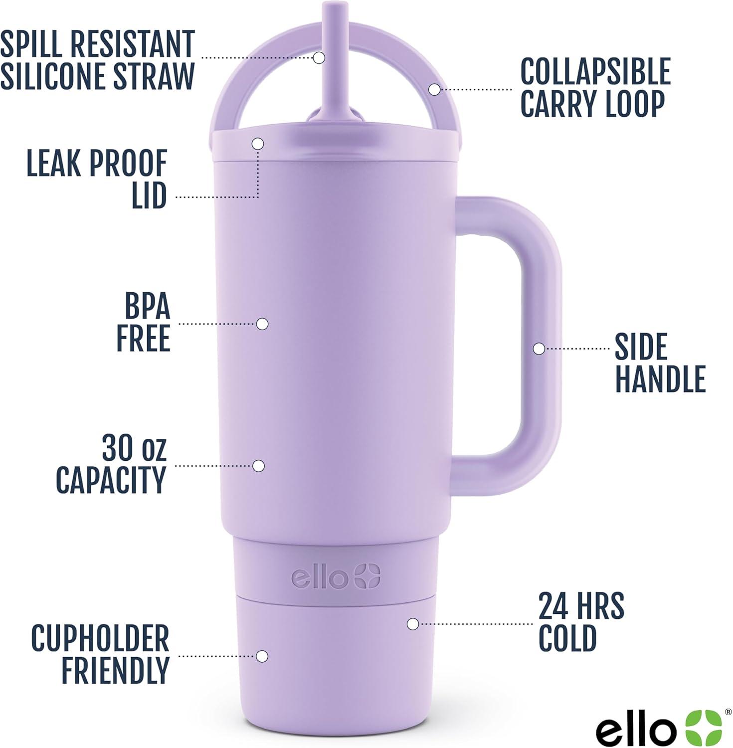 imageEllo Port 40oz Tumbler with Carry Loop ampamp Integrated Handle Vacuum Insulated Stainless Steel Reusable Water Bottle Travel Mug with Leak Proof Lid ampamp Straw Perfect for Iced Coffee ampamp Tea SageLilac