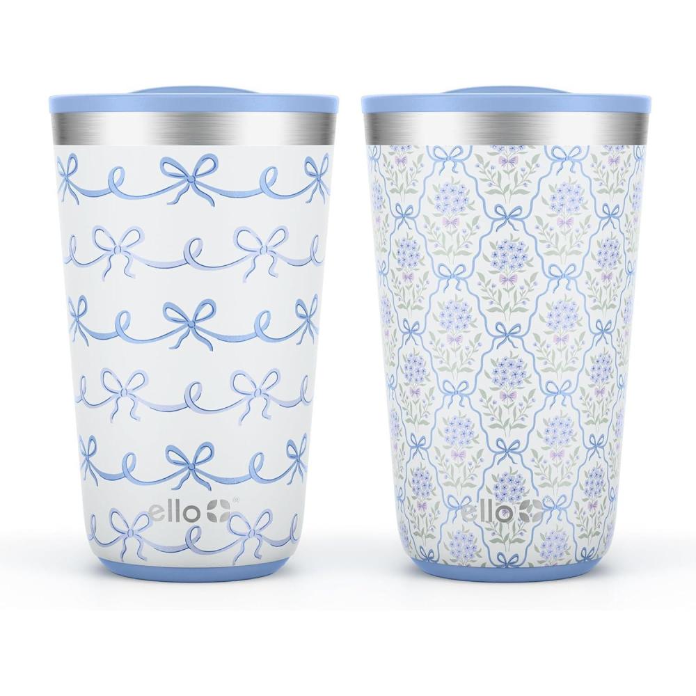 imageEllo 2 Pack 16oz Stainless Steel Stacking Cups with Easy Press Lids Pint Size Reusable Tumblers for Parties Home Camping Outdoor Keeps Cold for 16 Hours Dishwasher Safe Stripes ampamp DotsBows Flowers