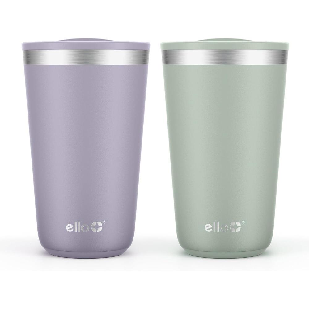 imageEllo 2 Pack 16oz Stainless Steel Stacking Cups with Easy Press Lids Pint Size Reusable Tumblers for Parties Home Camping Outdoor Keeps Cold for 16 Hours Dishwasher Safe Stripes ampamp DotsSoft Plum Sage