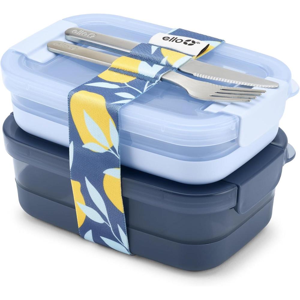 imageEllo 2Pack Lunch Stack Plastic Food Storage Container Bento Box with Airtight LeakProof Locking Plastic Lids and Silicone Base BPAFree Freezer Microwave and Dishwasher SafeBlueberry