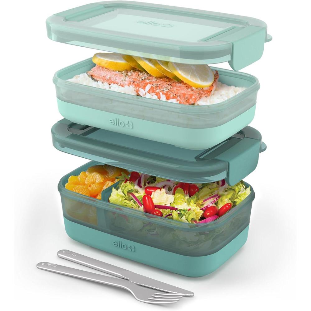 imageEllo 2Pack Lunch Stack Plastic Food Storage Container Bento Box with Airtight LeakProof Locking Plastic Lids and Silicone Base BPAFree Freezer Microwave and Dishwasher SafeMint Chip