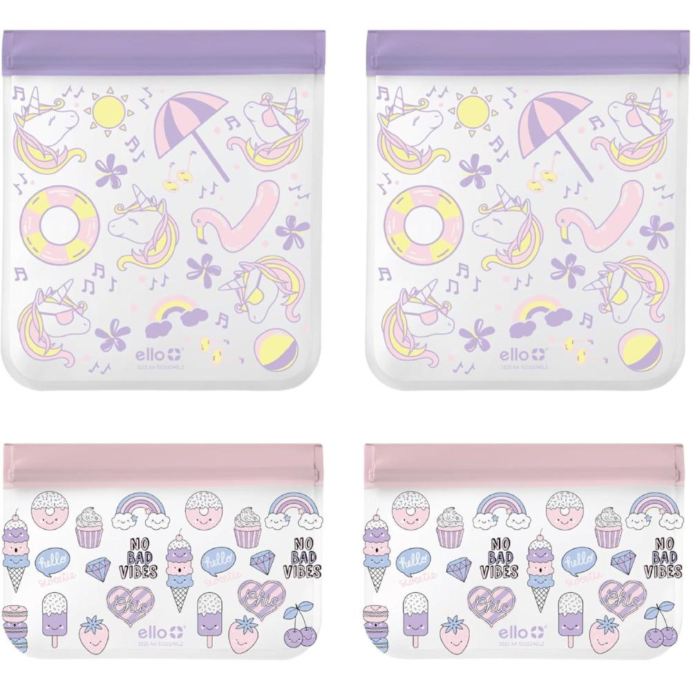 imageEllo 4 Pack Reusable Food Storage Bags Resealable BPAFree FoodSafe PEVA Feezer Safe and LeakProofUnicorns