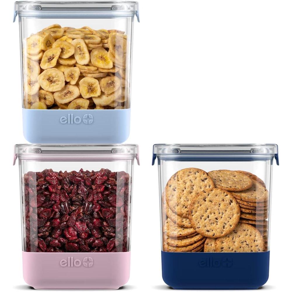 imageEllo Airtight Food Storage Plastic Canisters with NonSlip Base Locking Lids and Labels for Kitchen and Pantry Organization Perfect for Sugar Cerea Pasta Dry Food Set of 3 66 Cup  Cupcake