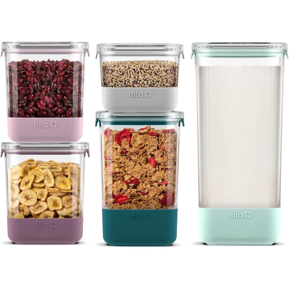 imageEllo Airtight Food Storage Plastic Canisters with NonSlip Base Locking Lids and Labels for Kitchen and Pantry Organization Perfect for Sugar Cereal Pasta Set of 5 Mixed Set Garden Goals5PC MixedSet