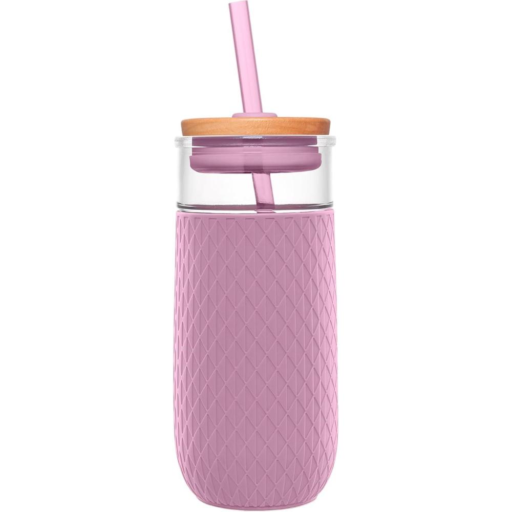 imageEllo Devon 18oz Glass Tumbler with Straw Friction Fit Bamboo Wood Lid and Silicone Sleeve  Perfect for Iced Coffee Tea Matcha and SmoothiesMauve
