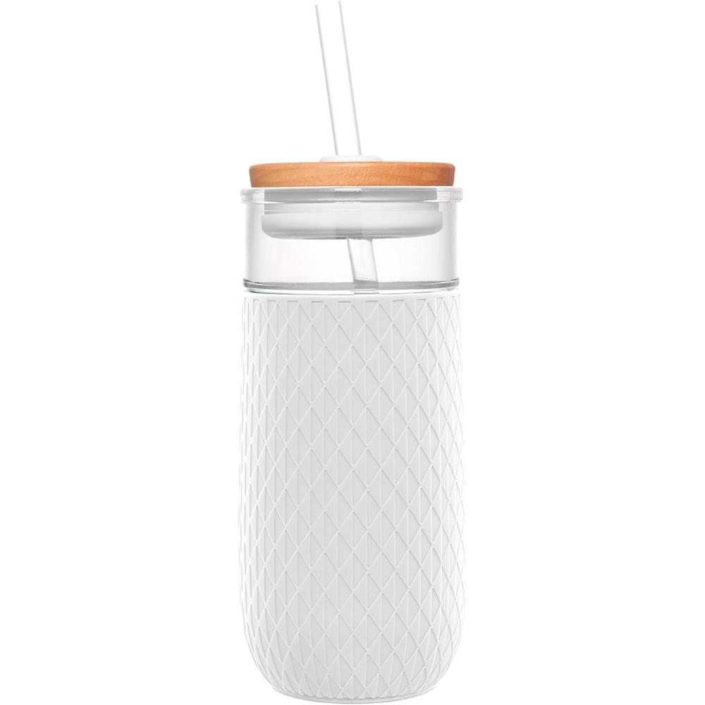 imageEllo Devon 18oz Glass Tumbler with Straw Friction Fit Bamboo Wood Lid and Silicone Sleeve Perfect for Iced Coffee Tea Matcha and SmoothiesWhite