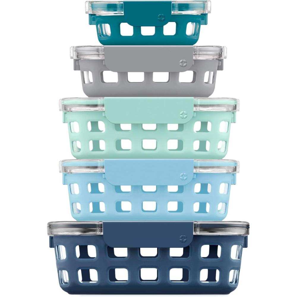 imageEllo Duraglass Mixed Meal Prep Sets LeakProof Glass Food Storage Containers with Silicone Sleeves and Airtight BPAFree Lids Dishwasher Microwave and Freezer SafeBlue La La