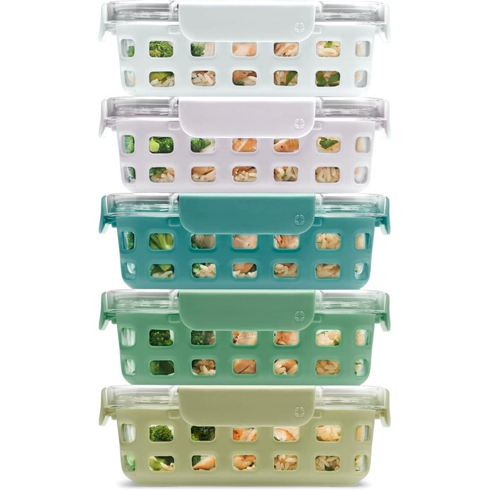imageEllo Duraglass Refresh 34 Cup Meal Prep Sets 10Pc 5 Pack Set Glass Food Storage Container with Silicone Boot and Airtight BPAFree Plastic Lids Dishwasher Microwave and Freezer SafeDusk DelightOlive Tree