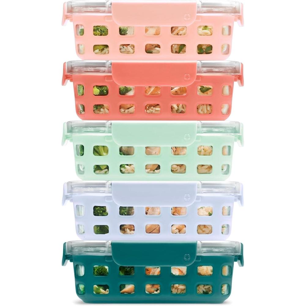 imageEllo Duraglass Refresh 34 Cup Meal Prep Sets 10Pc 5 Pack Set Glass Food Storage Container with Silicone Boot and Airtight BPAFree Plastic Lids Dishwasher Microwave and Freezer SafeDusk DelightMelon