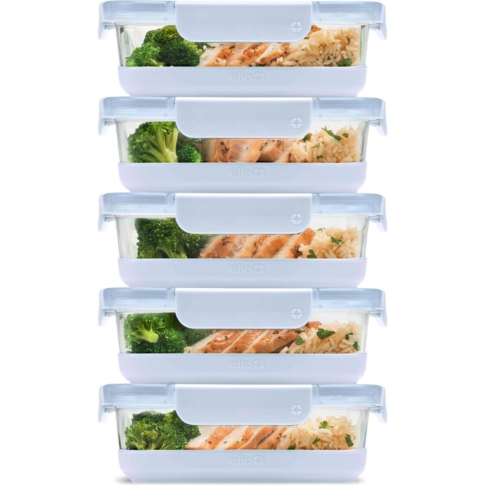 imageEllo Duraglass Refresh 34 Cup Meal Prep Sets 10Pc 5 Pack Set Glass Food Storage Container with Silicone Boot and Airtight BPAFree Plastic Lids Dishwasher Microwave and Freezer SafeDusk DelightHalogen Blue with Boot