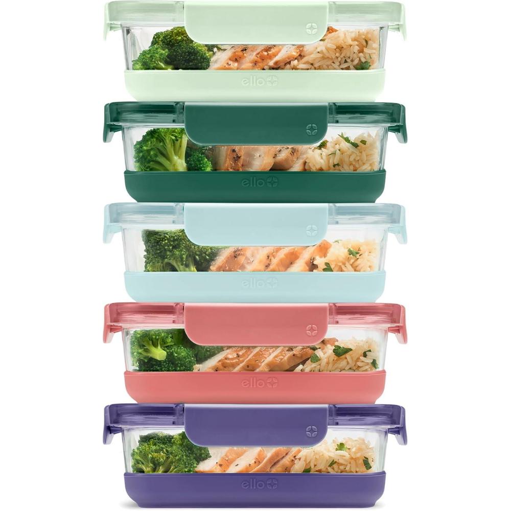 imageEllo Duraglass Refresh 34 Cup Meal Prep Sets 10Pc 5 Pack Set Glass Food Storage Container with Silicone Boot and Airtight BPAFree Plastic Lids Dishwasher Microwave and Freezer SafeDusk DelightEverest