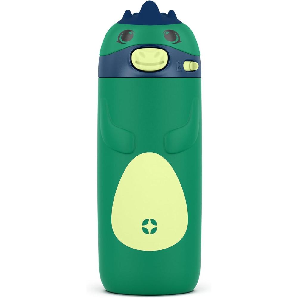 imageEllo Ellies 12oz Vacuum Insulated Stainless Steel Kids Water Bottle with Straw and Builtin Carrying Handle and LeakProof Locking Lid for School Backpack Lunchbox and Outdoor Sports CatDino