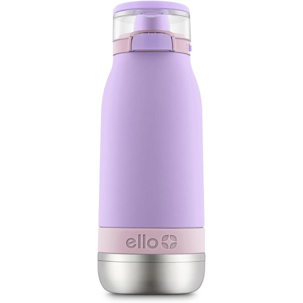 imageEllo Emma 14oz Vacuum Insulated Stainless Steel Kids Water Bottle with Straw and Builtin Carrying Handle and LeakProof Locking Lid for School Backpack Lunchbox and Outdoor SportsLilacCashmere Pink