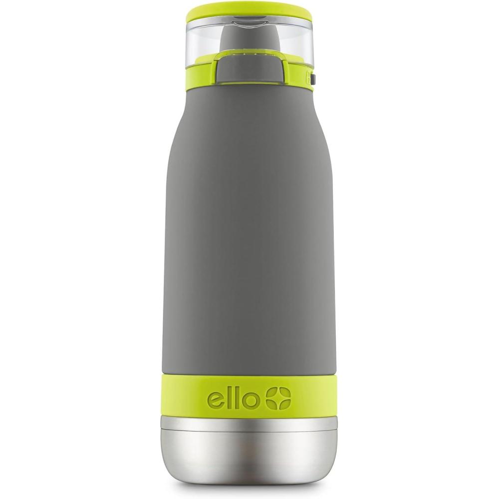 imageEllo Emma 14oz Vacuum Insulated Stainless Steel Kids Water Bottle with Straw and Builtin Carrying Handle and LeakProof Locking Lid for School Backpack Lunchbox and Outdoor SportsGrayGreen