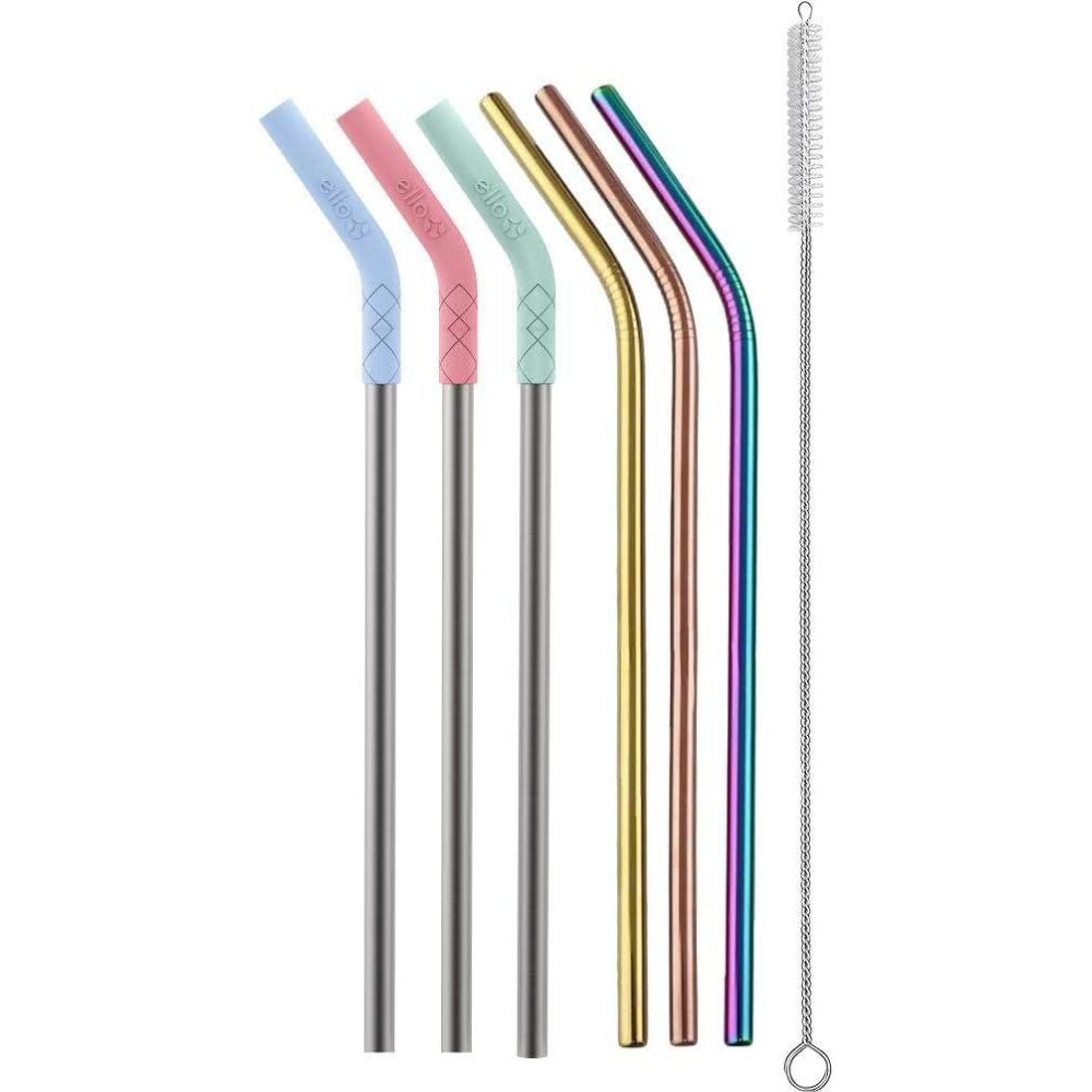 imageEllo Impact 4 Pack Reusable Metal Straws with Silicone Tips Made from Stainless Steel Dishwasher Safe BPAFree with Cleaning Brush June Breeze6 Piece Glow