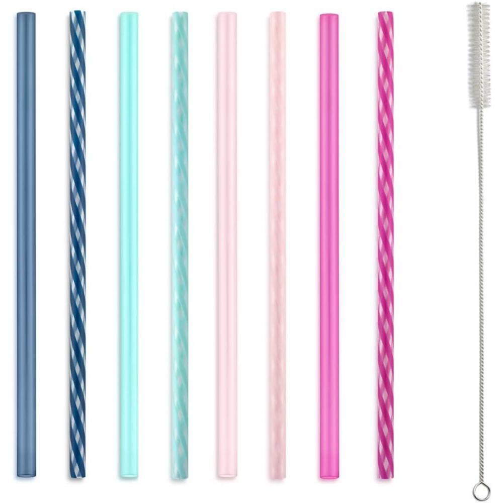 imageEllo Impact 8 Pack Reusable Plastic Straws Dishwasher Safe BPAFree with Cleaning BrushRosewater