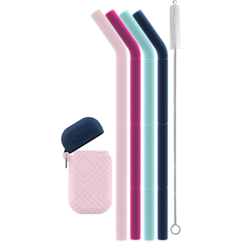 imageEllo Impact Pack of Reusable Silicone Straws with Fold ampamp Store Carry Case Portable Drinking Straw for Party Travel Cruise Ship Includes Straw Cleaning Brush Dishwasher Safe BPAFreeJune Breeze