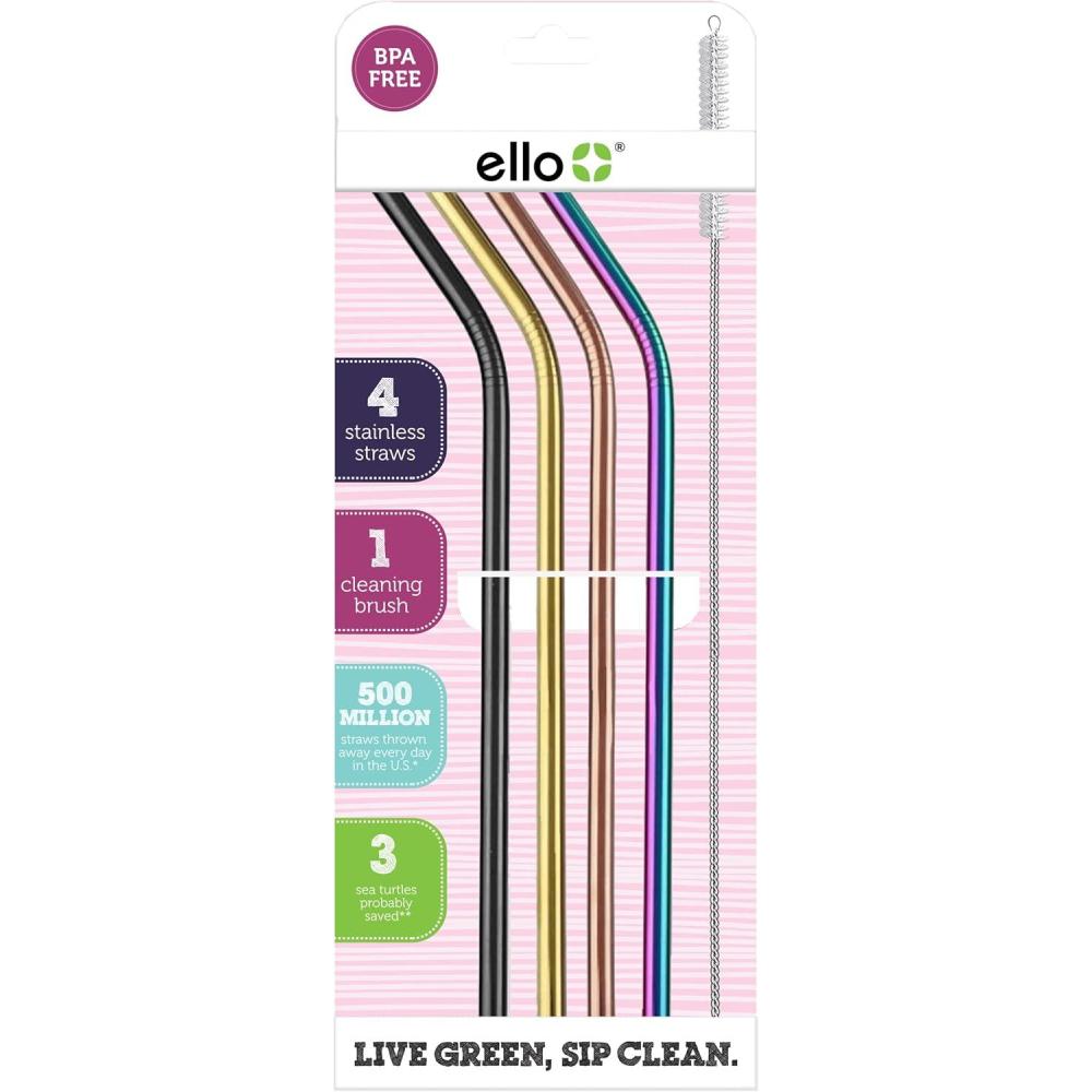 imageEllo Impact Stainless Steel Reusable Straws with Cleaning Brush 4 Piece Metallics