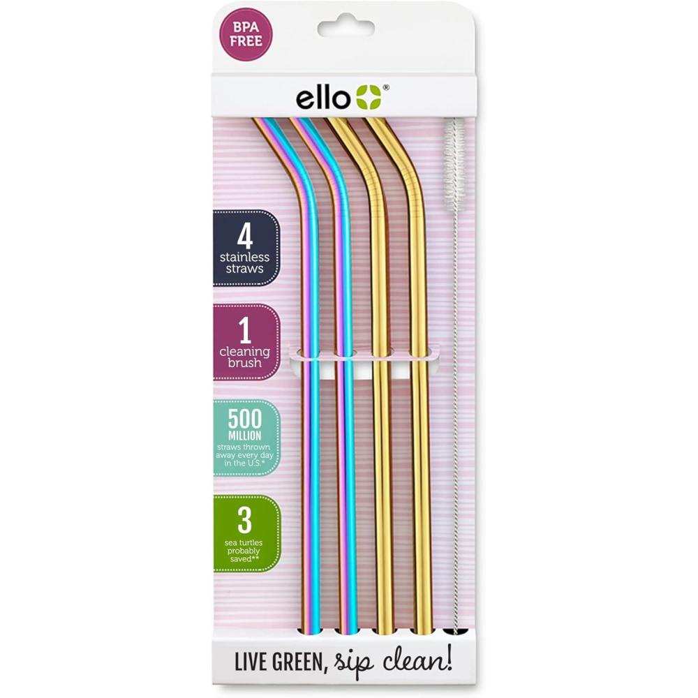 imageEllo Impact Stainless Steel Reusable Straws with Cleaning Brush 4 Piece Rainbow