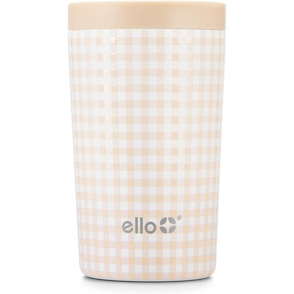 imageEllo Jones 11oz Insulated Stainless Steel Travel Mug with LeakProof Slider Lid Single Serve Small Coffee Tumbler Keeps Drinks Hot 3 Hours Cold 8 Hours BPAFree Beige GinghamBeige Gingham