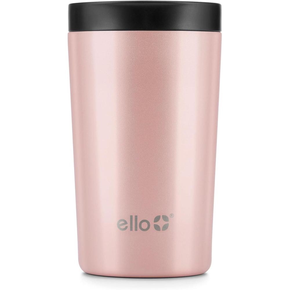 imageEllo Jones 11oz Insulated Stainless Steel Travel Mug with LeakProof Slider Lid Single Serve Small Coffee Tumbler Keeps Drinks Hot 3 Hours Cold 8 Hours BPAFree Beige GinghamRosegold