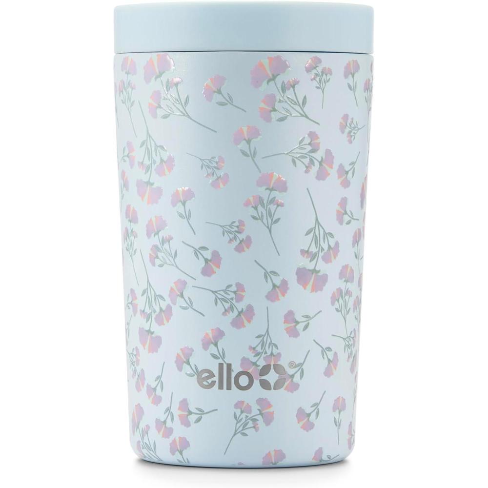 imageEllo Jones 11oz Insulated Stainless Steel Travel Mug with LeakProof Slider Lid Single Serve Small Coffee Tumbler Keeps Drinks Hot 3 Hours Cold 8 Hours BPAFree Beige GinghamSerene Blooms