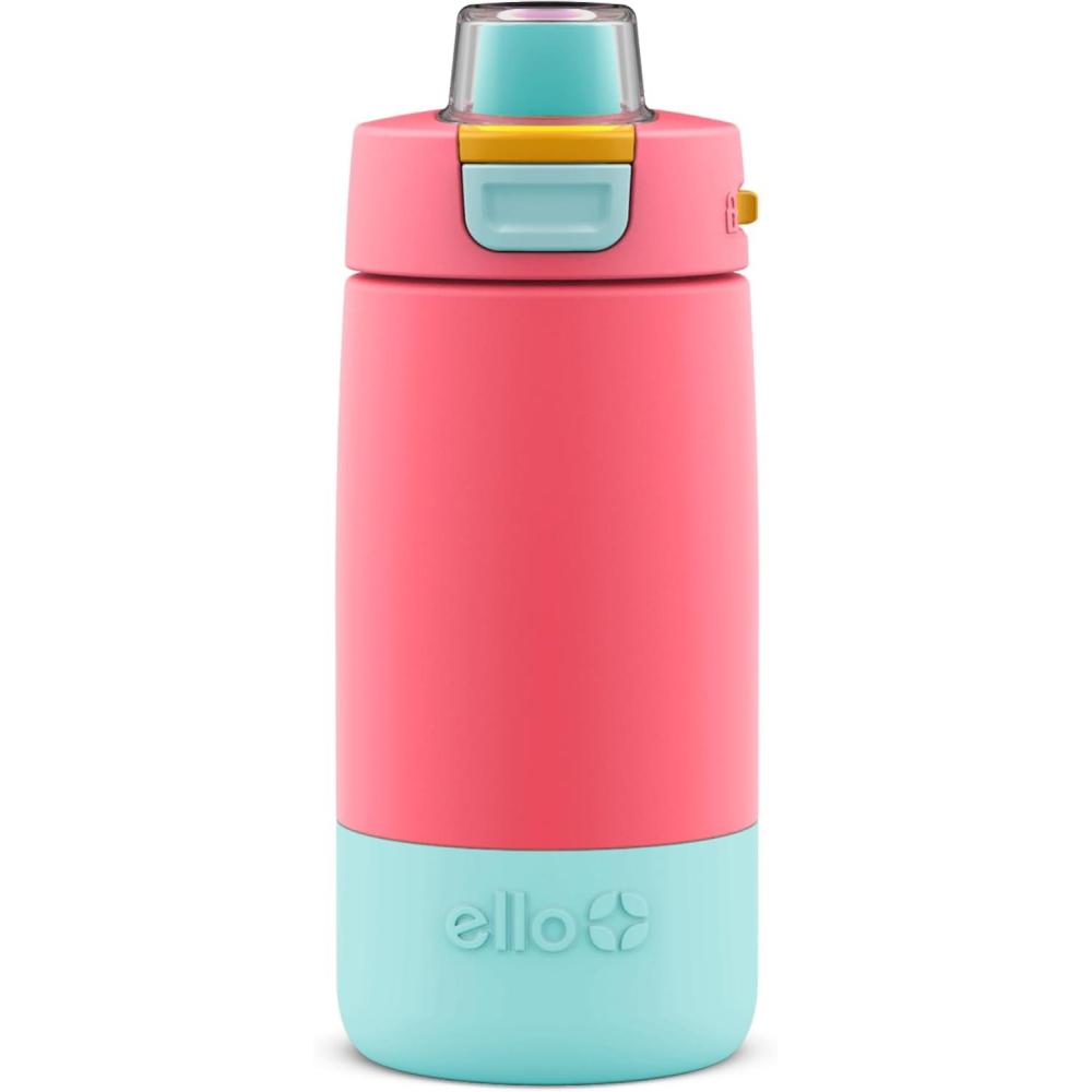 imageEllo Kids Colby 12oz Stainless Steel Insulated Water Bottle with Straw and BuiltIn Silicone Coaster Carrying Handle and LeakProof Locking Lid for School Backpack Lunchbox and Outdoor SportsCoralMint