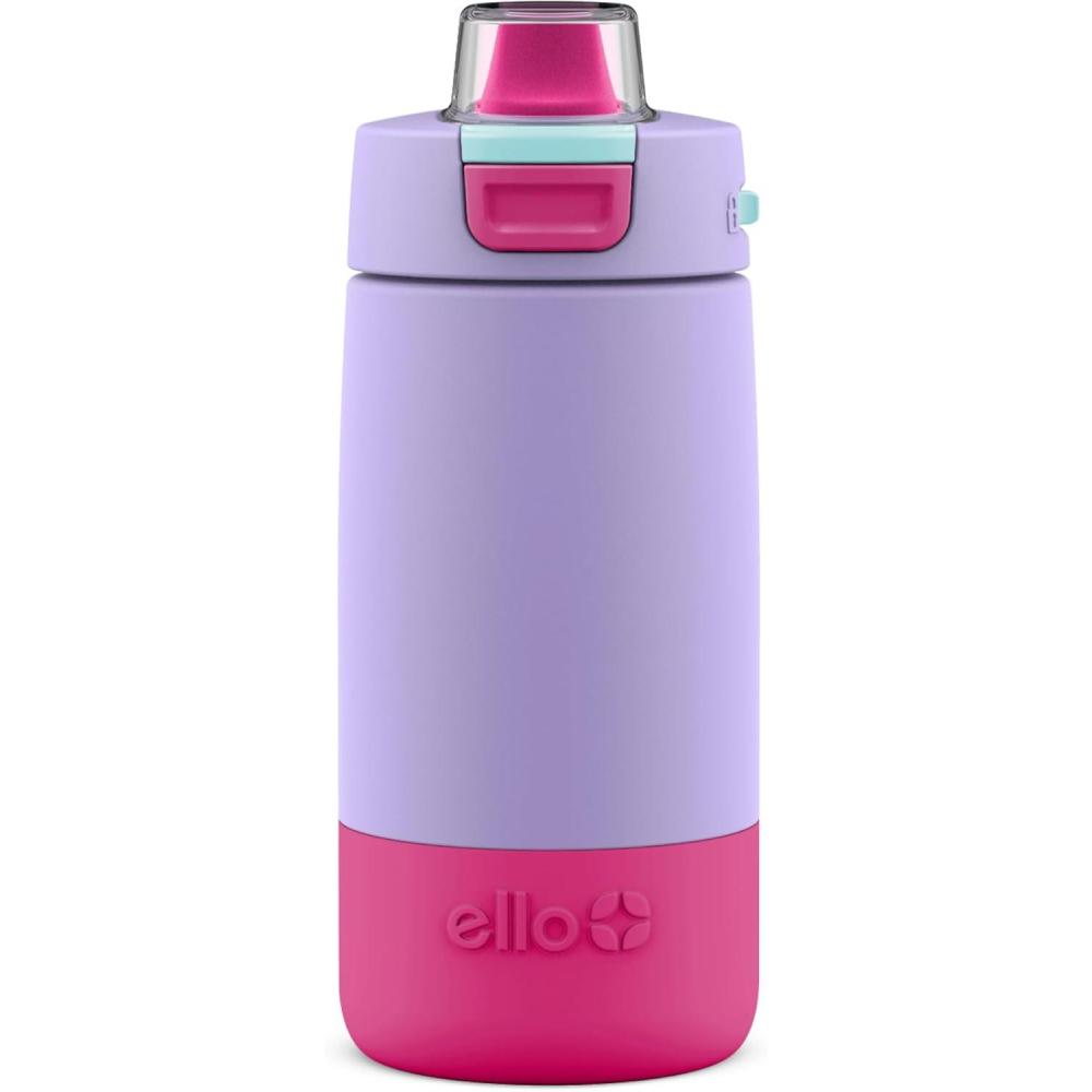 imageEllo Kids Colby 12oz Stainless Steel Insulated Water Bottle with Straw and BuiltIn Silicone Coaster Carrying Handle and LeakProof Locking Lid for School Backpack Lunchbox and Outdoor SportsLilacPink