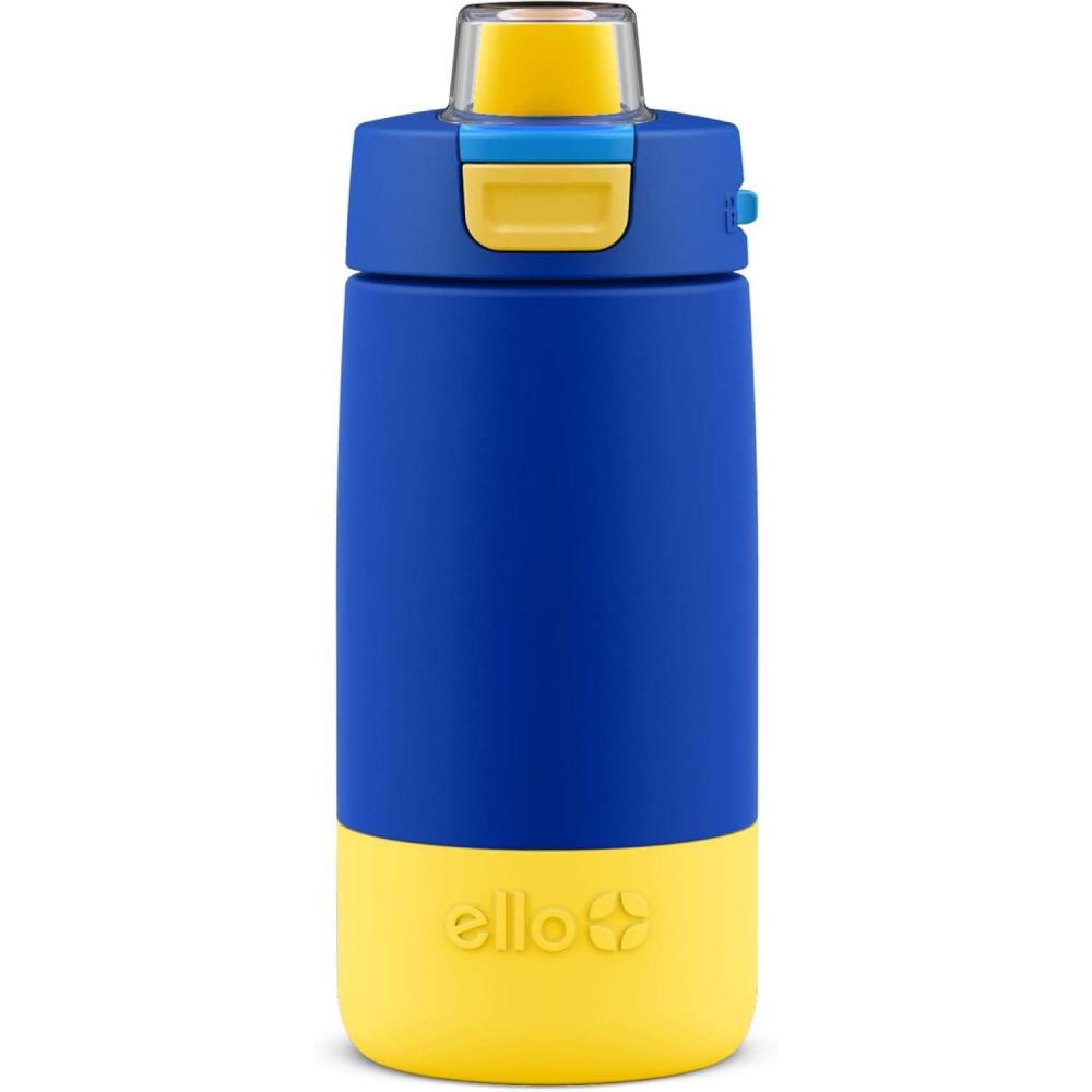 imageEllo Kids Colby 12oz Stainless Steel Insulated Water Bottle with Straw and BuiltIn Silicone Coaster Carrying Handle and LeakProof Locking Lid for School Backpack Lunchbox and Outdoor SportsBlueOrange