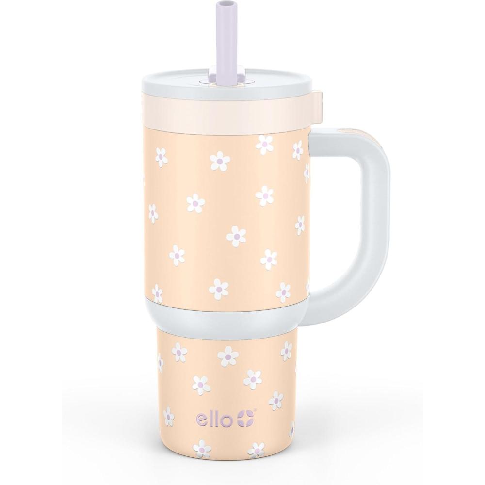 imageEllo Oasis 30 oz Tumbler with Handle ampamp Retracting Straw  Reusable Insulated Stainless Steel Cup 100 Leakproof Gifts for Teens Women Men  Keeps cold for 24 Hours Cup Holder Friendly Sunrise GlowOrange Daises