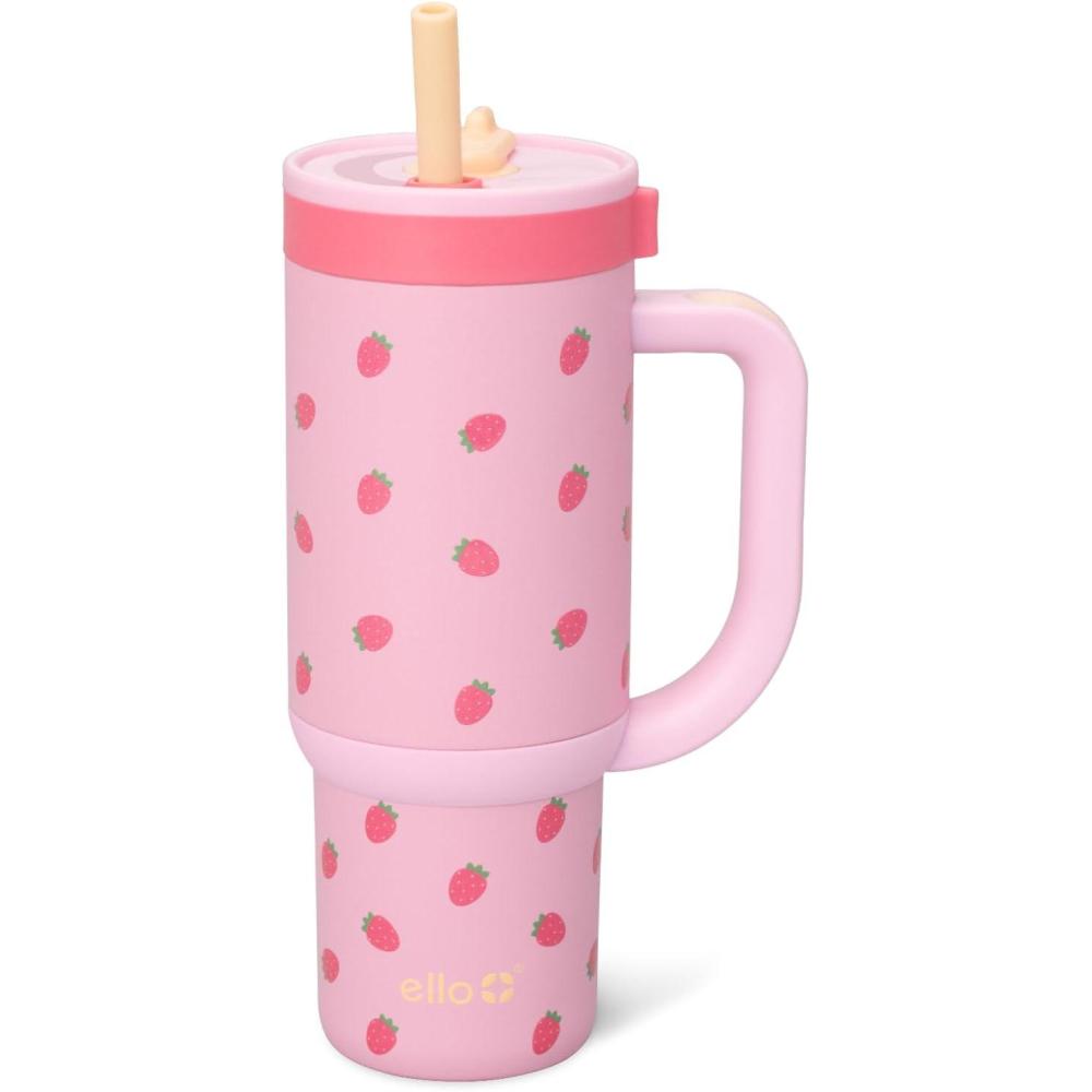 imageEllo Oasis 30 oz Tumbler with Handle ampamp Retracting Straw  Reusable Insulated Stainless Steel Cup 100 Leakproof Gifts for Teens Women Men  Keeps cold for 24 Hours Cup Holder Friendly Sunrise GlowStrawberries